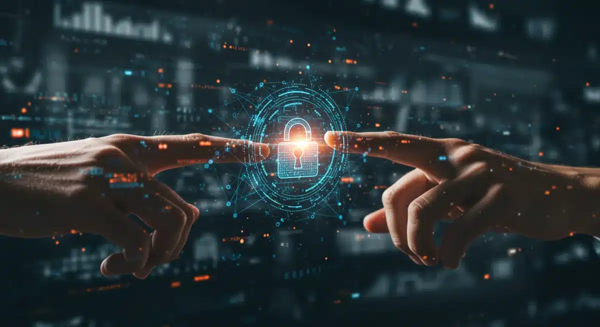 Detalhe de um livro-razão digital com transações blockchain seguras sendo registradas