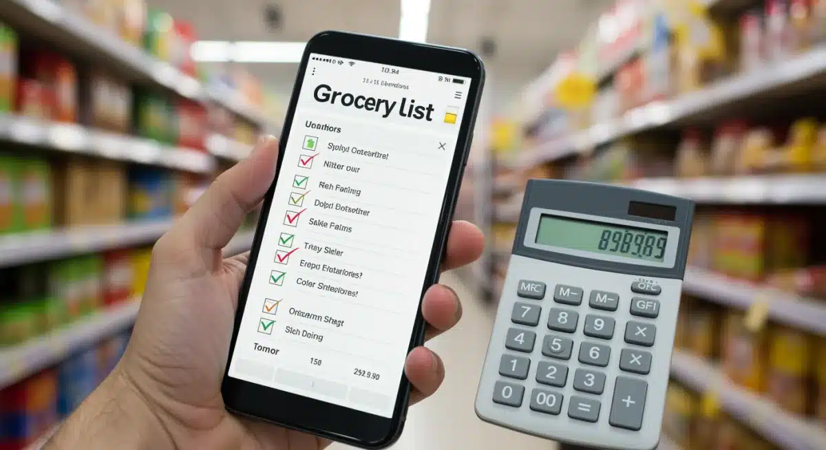 Mão segurando smartphone com lista de compras e calculadora de economia