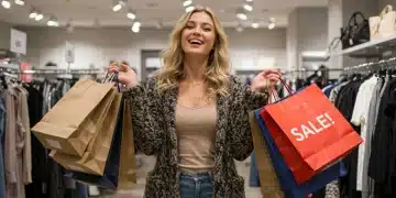 Mulher sorridente aproveitando as grandes ofertas de roupas e acessórios em uma loja durante a liquidação de fim de estação, com sacolas de compras nas mãos.