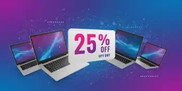 Notebooks modernos em promoção com 25% de desconto, em um ambiente tecnológico.