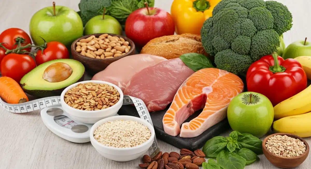 Mesa com alimentos saudáveis: frutas, vegetais, proteínas e grãos integrais para nutrição esportiva.