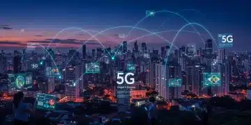 Paisagem urbana futurista com conexões 5G e pessoas usando tecnologia avançada