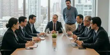 Executivos e líderes comunitários discutindo parcerias para projetos sociais em uma sala de reunião moderna com vista para a cidade.