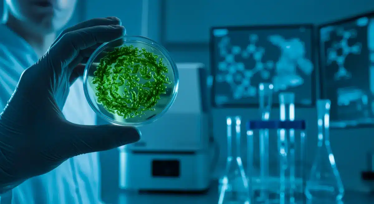 Cientista examinando cultura de microalgas para produção de biocombustíveis em laboratório avançado.