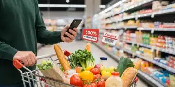 Pessoa feliz com carrinho de compras cheio olhando aplicativo de descontos no supermercado
