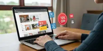Pessoa utilizando um notebook com extensões de navegador que mostram descontos de 12% em compras online