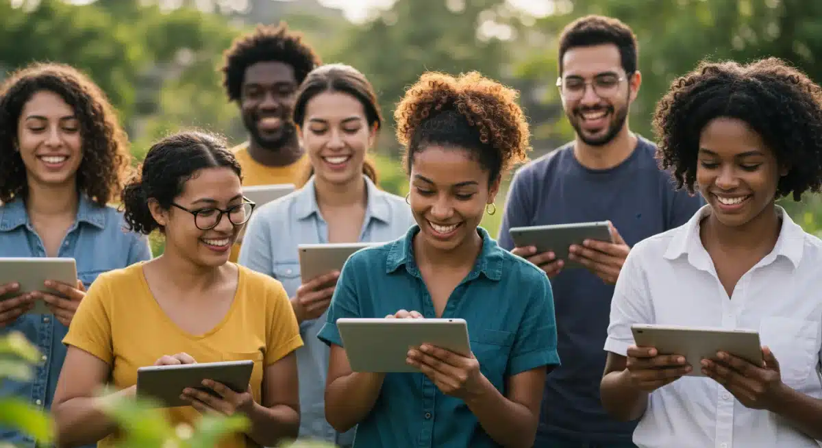 Pessoas diversas colaborando em um projeto comunitário, utilizando dispositivos tecnológicos para organização e coleta de dados, simbolizando a aplicação prática da tecnologia social.