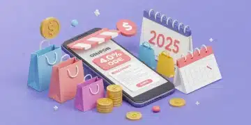 Pessoas usando smartphones e computadores para pesquisar e aplicar cupons de desconto online, com ícones de economia e dinheiro ao redor.