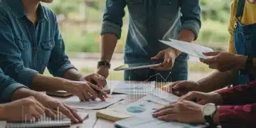 Pessoas colaborando em prestação de contas simplificada para projeto social 2025, com documentos e tecnologia.