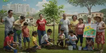 Pessoas de diversas idades colaborando em um projeto social comunitário, com foco na esperança e impacto positivo.