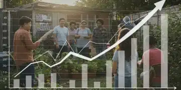 Pessoas colaborando em um projeto social com gráficos financeiros ao fundo, simbolizando sustentabilidade e crescimento em 2025.