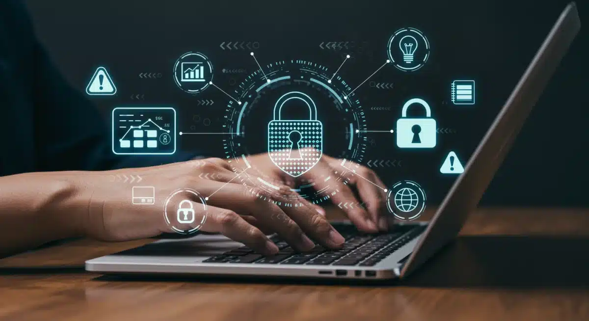 Pessoa digitando em laptop com ícones de segurança digital