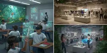 Alunos brasileiros usando óculos de realidade virtual em sala de aula futurista, com projeções holográficas de floresta amazônica. Ao fundo, varejo com realidade aumentada e clientes interagindo com produtos virtuais em 2025.