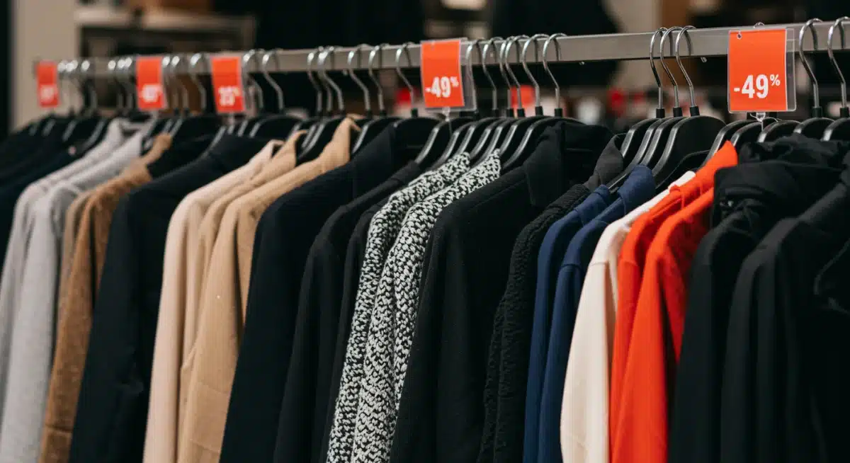 Detalhe de roupas e acessórios com etiquetas de desconto em um cabideiro, ilustrando as oportunidades de economia em compras de fim de estação.