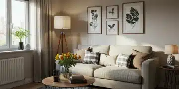 Sala de estar aconchegante e elegante com itens de decoração comprados em promoção, exibindo estilo e economia.