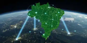 Satélites de baixa órbita iluminando o Brasil, simbolizando internet de alta velocidade e conectividade em áreas remotas.
