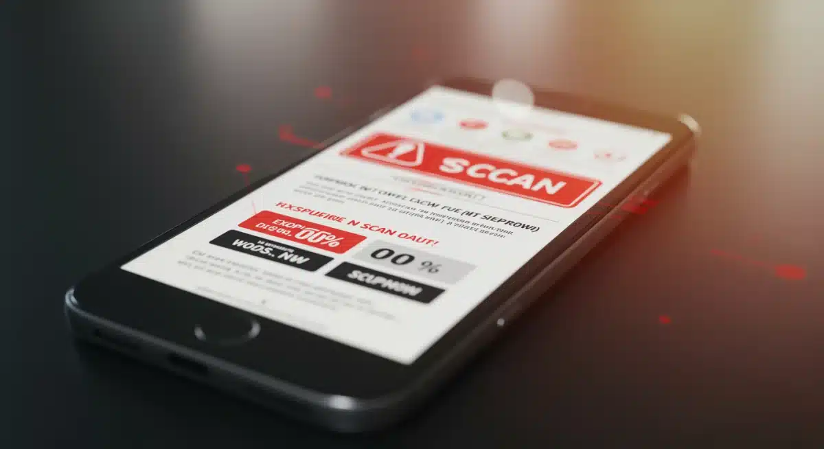 Tela de smartphone mostrando site falso com promoção enganosa e alerta de fraude.