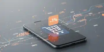 Smartphone moderno exibindo tela de promoção com ícone de carrinho de compras e porcentagem de desconto, simbolizando rastreamento de ofertas e economia.