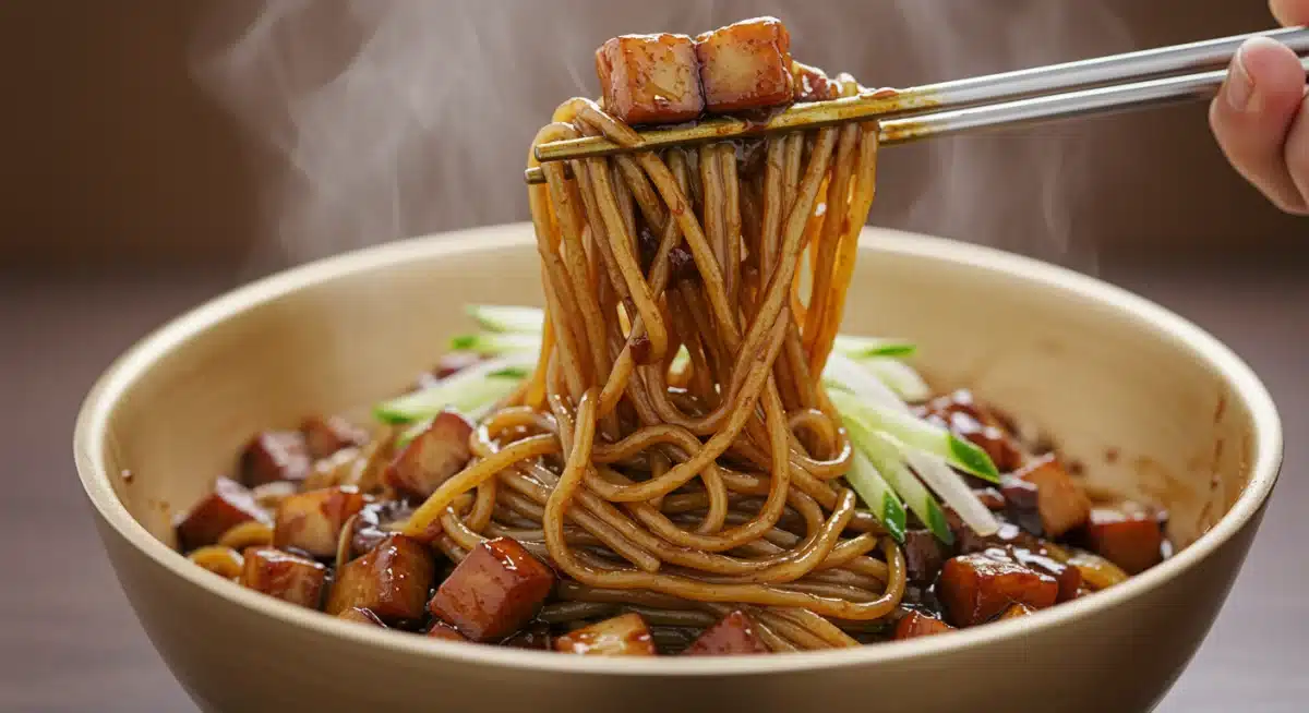 Close-up of a delicious bowl of jjajangmyeon, a popular Korean black bean noodle dish.