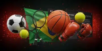 Ícones de esportes sobrepostos a uma interface de streaming, simbolizando a diversidade do streaming esportivo no Brasil para 2025.
