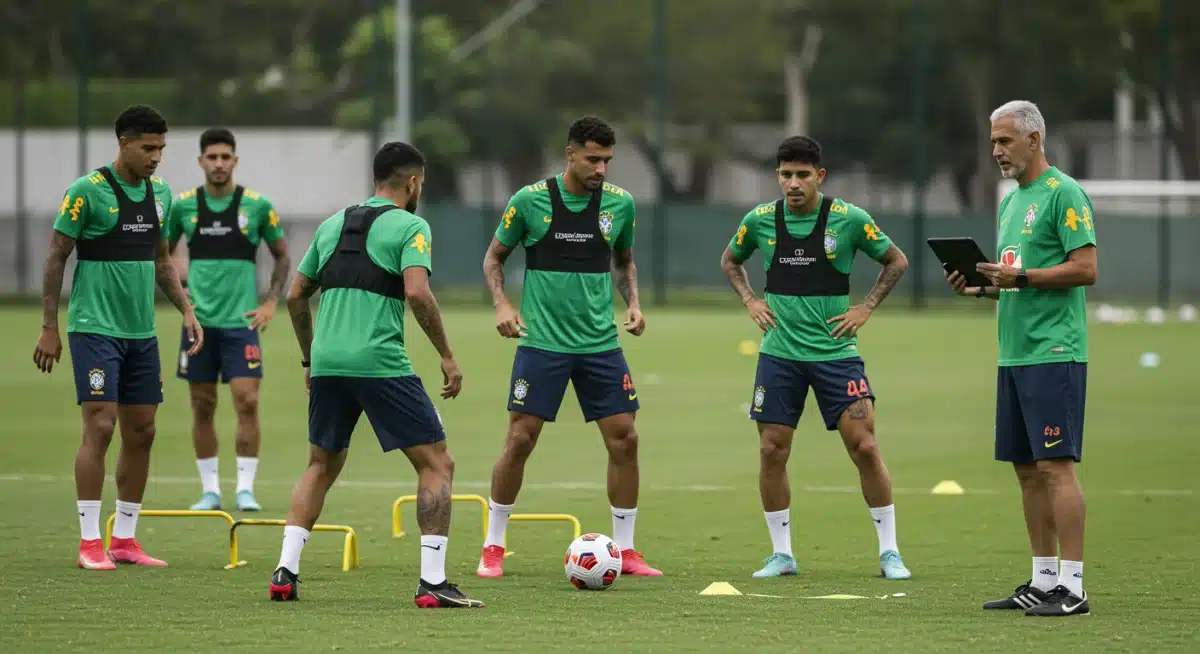 Jogadores brasileiros usando coletes de rastreamento de desempenho durante um treino em centro esportivo de ponta.