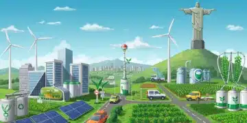 Tecnologias sustentáveis brasileiras em 2025, com painéis solares, turbinas eólicas e veículos elétricos em um cenário futurista do Brasil.