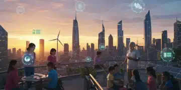 Pessoas diversas colaborando em um ambiente urbano futurista, com elementos tecnológicos e sustentáveis, representando as tendências em projetos sociais para 2025.