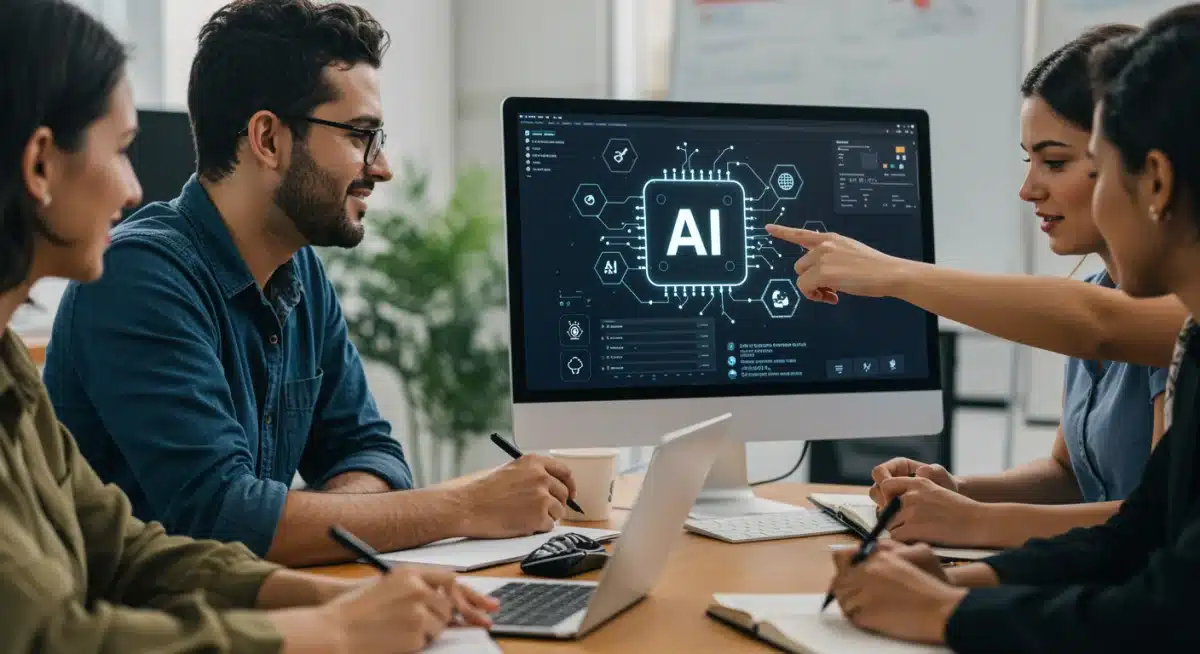 Profissionais brasileiros em treinamento de IA para aplicar em suas empresas, discutindo estratégias.