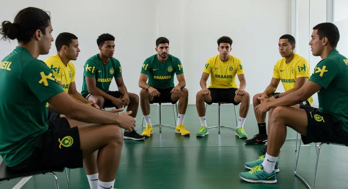 Atletas brasileiros participando de sessão de treinamento mental com psicólogo esportivo, focados na preparação psicológica para competições.