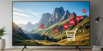 Televisão 4K exibindo imagem vívida com ícones de desconto e carrinho de compras, simbolizando ofertas e economia.