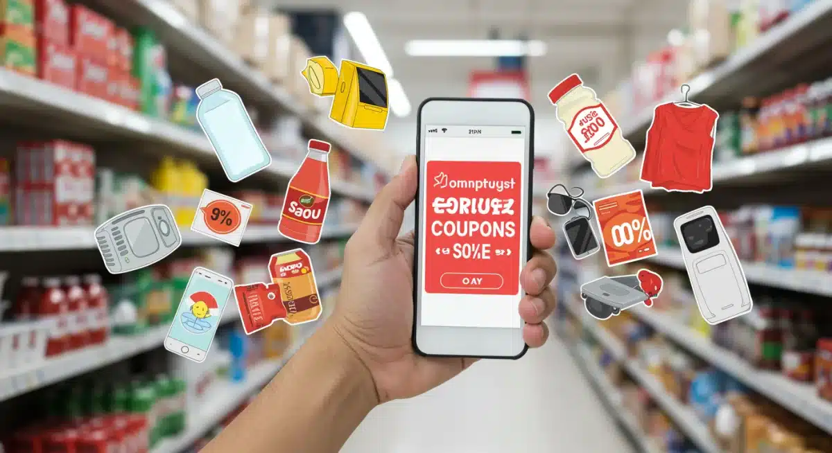 Uma pessoa sorrindo enquanto usa um aplicativo de cupom no celular em um supermercado, com carrinhos de compras e produtos ao fundo.