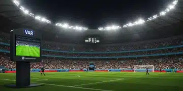 Árbitro revisando lance no monitor do VAR em estádio de futebol iluminado, com torcida ao fundo.