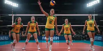 Jogadores e jogadoras de vôlei brasileiros em ação, representando as seleções masculina e feminina em uma partida emocionante, com foco na garra e trabalho em equipe.