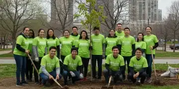 Grupo de voluntários corporativos plantando árvores em um parque, demonstrando engajamento e impacto social positivo.