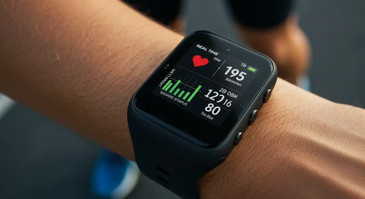 Dispositivo wearable no pulso de um atleta monitorando dados biométricos em tempo real.