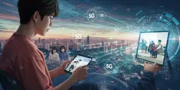 Pessoa assistindo K-Drama em tablet com símbolos 5G e elementos culturais coreanos ao fundo, representando a conexão no Brasil.