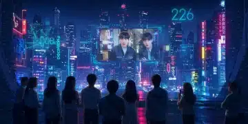 Cidade futurista com projeções holográficas e jovens assistindo a um K-Drama, simbolizando a tecnologia em produções coreanas de 2026.