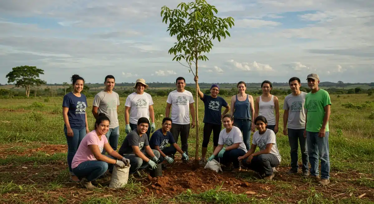 Grupo diverso de pessoas colaborando em projeto comunitário sustentável no Brasil, simbolizando trabalho em equipe e impacto social.