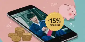 Smartphone exibindo K-Drama com selo de 15% de desconto, cercado por elementos que remetem à economia e cultura coreana.