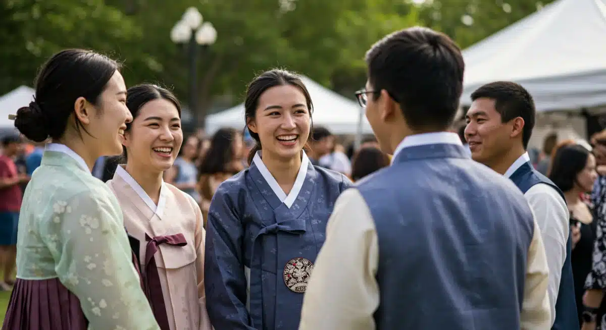 Young adults in modern Hanbok at a U.S. cultural festival, blending tradition with contemporary style.