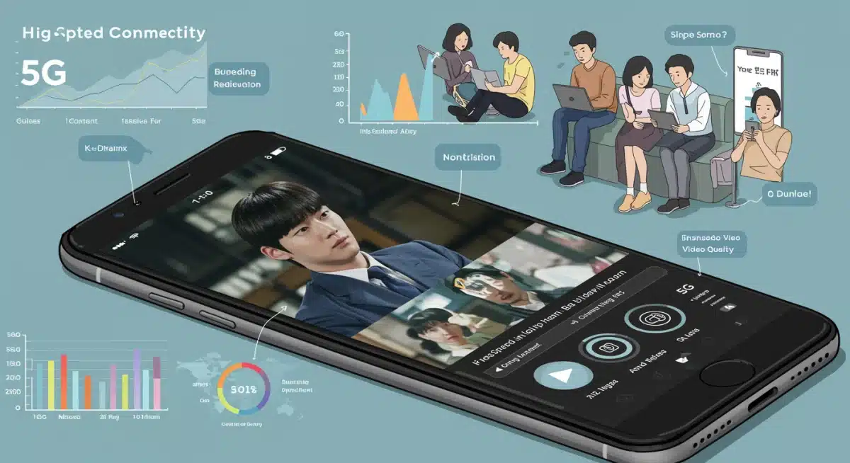 Tela de smartphone exibindo K-Drama com indicadores de conexão 5G, qualidade de vídeo e dados de performance.