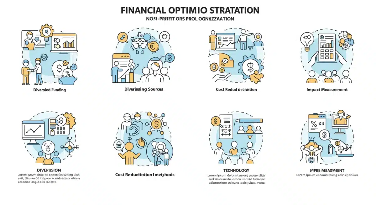 Infográfico detalhado sobre estratégias de otimização financeira para projetos sociais, incluindo diversificação de receitas e redução de custos.
