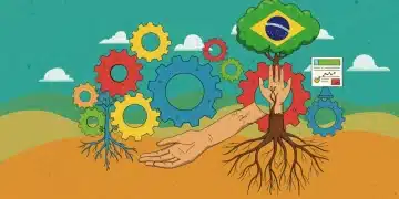 Ilustração digital vibrante de engrenagens, raízes e mãos interligadas, representando inovação social e colaboração no Brasil.