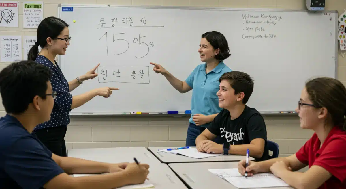 American youth learning Korean language in a classroom