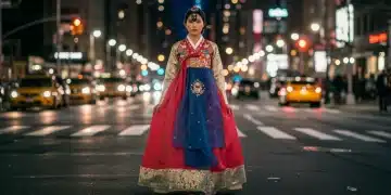 Modern Hanbok gown in a U.S. city street, showcasing cultural fusion fashion.