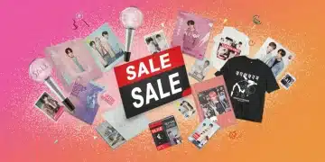 Variedade de produtos de K-Pop em oferta relâmpago, incluindo álbuns, lightsticks e photocards, com um fundo vibrante que transmite urgência e promoções.