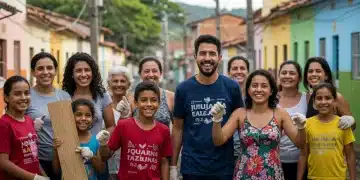 Pessoas de diferentes idades colaborando em um projeto social, representando a união e o impacto positivo na comunidade brasileira em 2026.