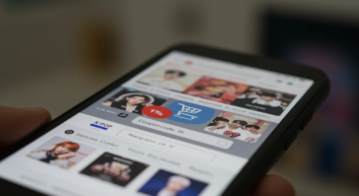 Tela de celular mostrando um carrinho de compras com produtos de K-Pop e um campo para inserir código promocional para desconto.