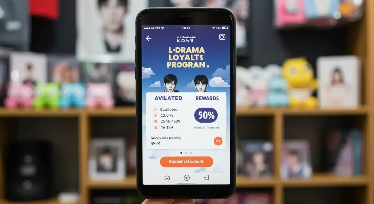 Aplicativo de fidelidade K-Drama mostrando pontos acumulados e opções de resgate de descontos.