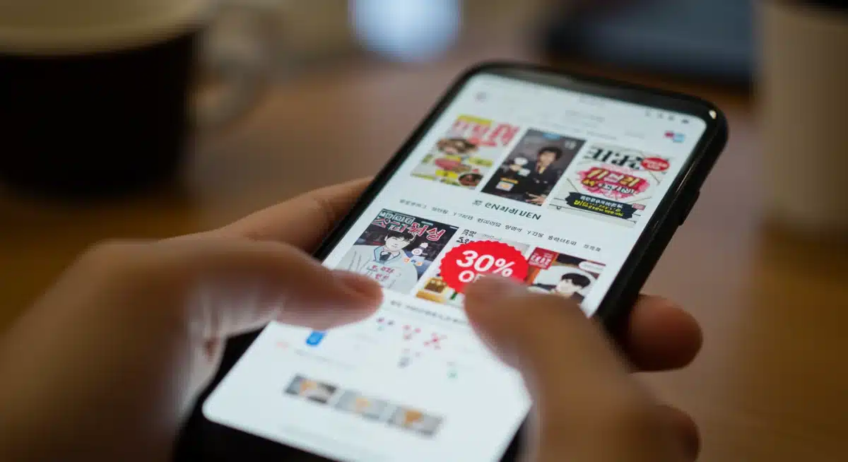 Tela de smartphone mostrando uma loja online com livros coreanos e um desconto de 30%, ilustrando compras digitais.